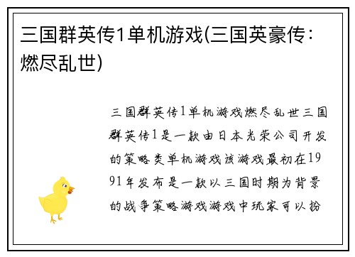 三国群英传1单机游戏(三国英豪传：燃尽乱世)